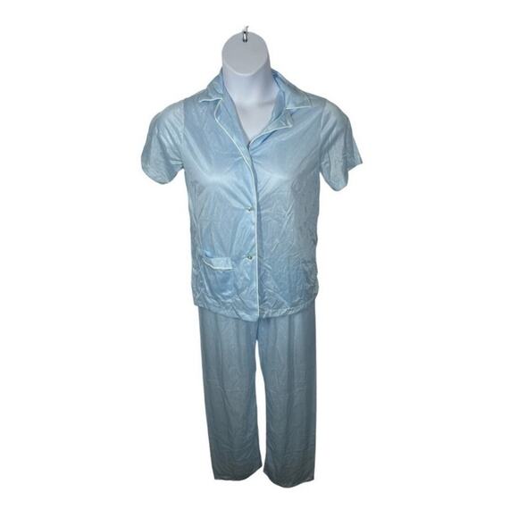 Sears Vintage Baby Blue Nylon 2 Piece Pajama Set Button Short Sleeve Top & Pants - Picture 2 of 12